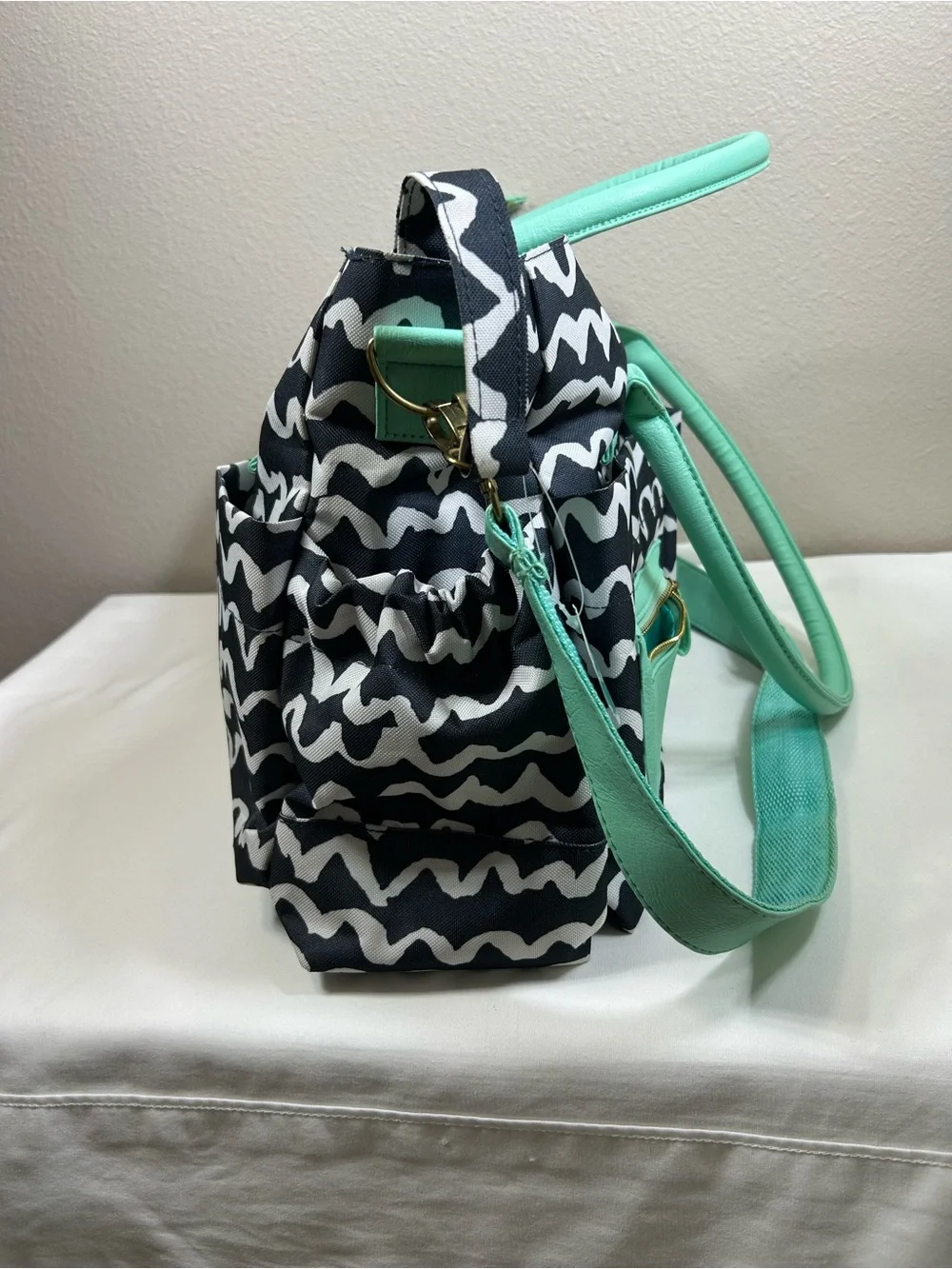 Teal Navy Wave Pattern Multi Pockets Complete Diaper Stroller Strap Tote Bag